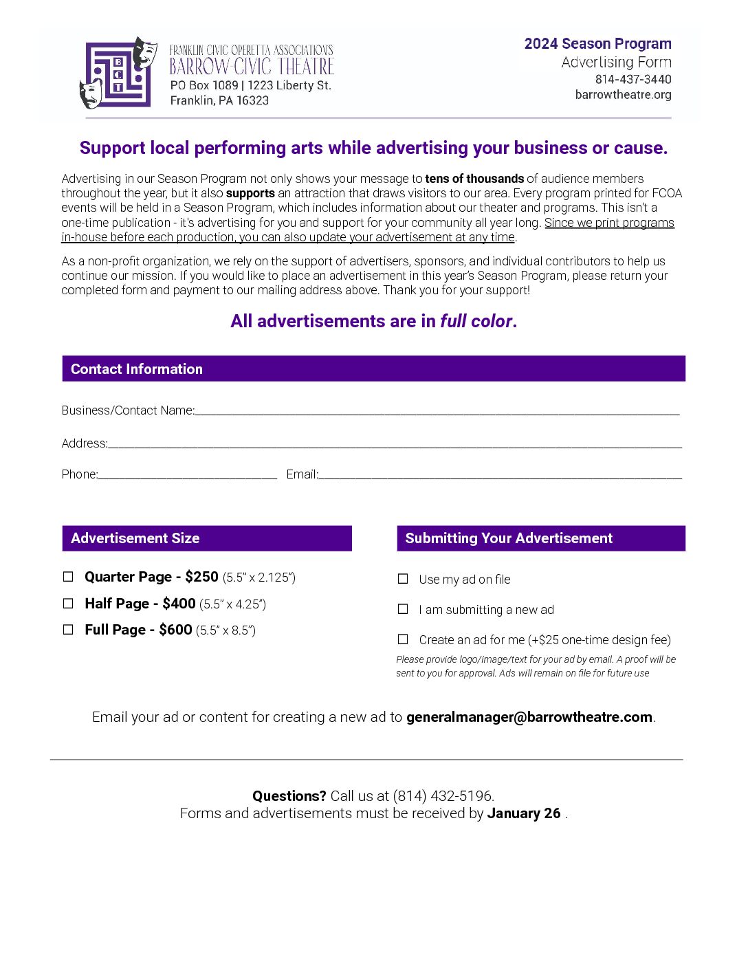 Click to view or download the 2024 Season Program Advertising Form