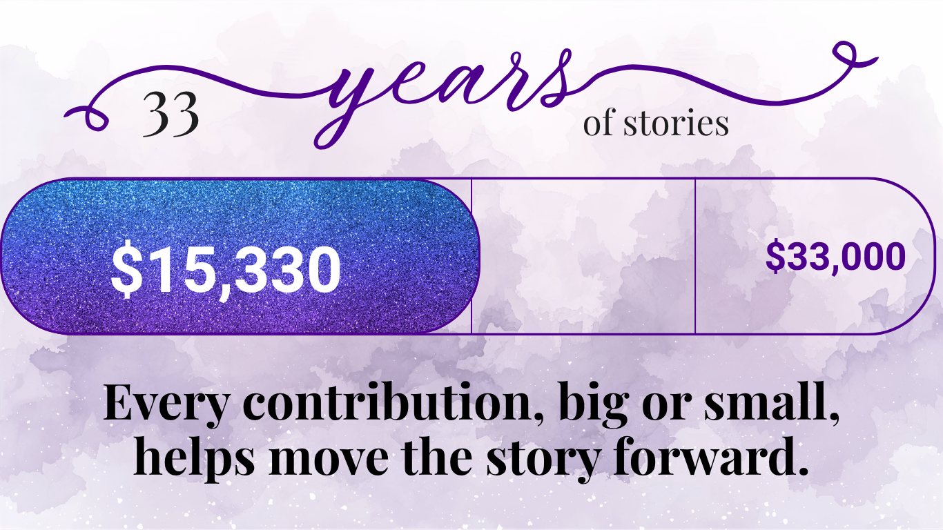 33 years thermometer 33 Years of Stories - $15,330 of $33,000. Every contribution, big or small, helps move the story forward.
